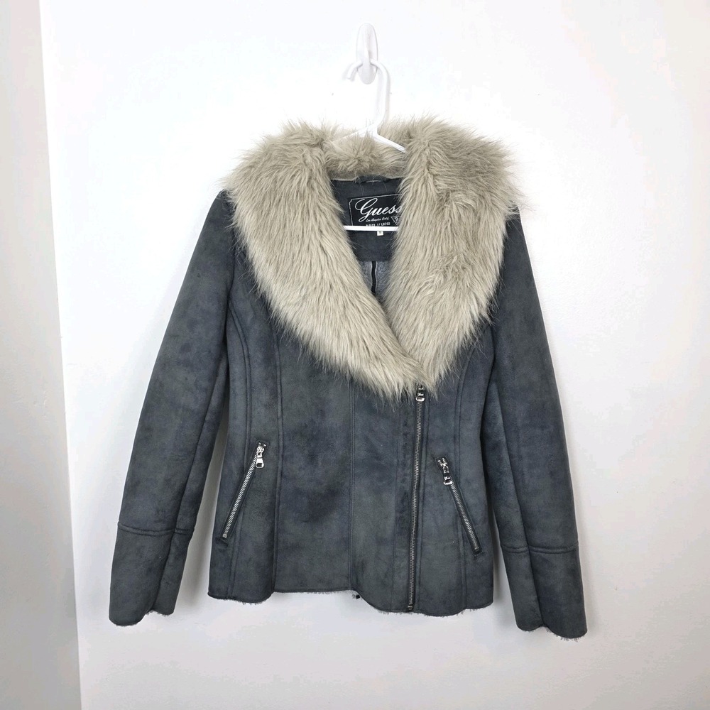 Guess Gray Faux Suede Fur Trim Moto Y2K Going Out Outdoor Jacket Size Small